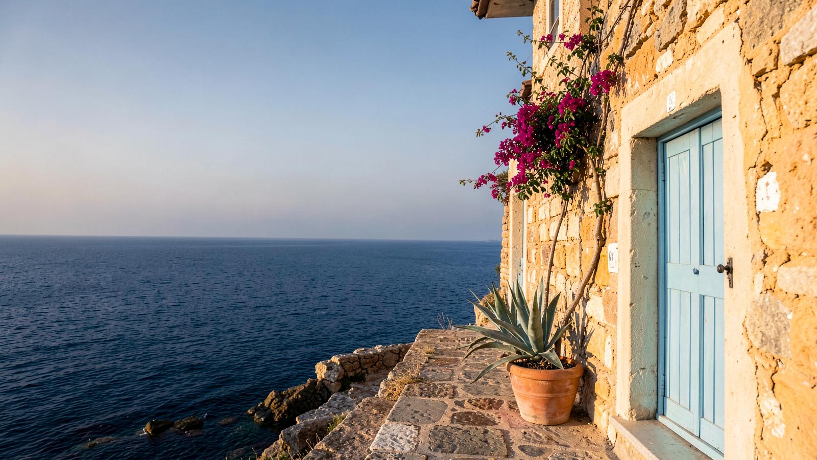 Stone path beside the Aegean Sea in Monemvasia